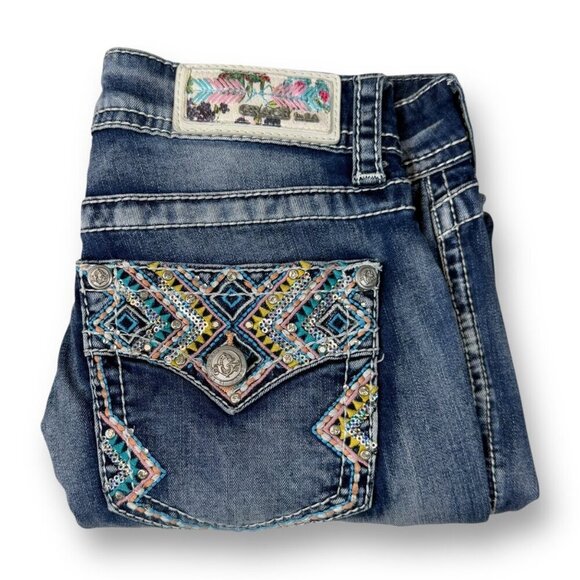 Grace In LA Capri Jeans Womens Sz 26 Blue Embroidered Pockets Distressed Denim - Picture 2 of 13